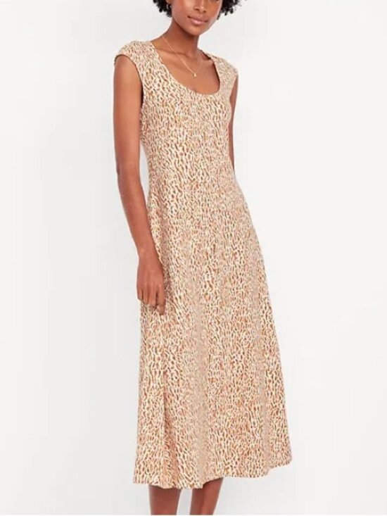 Old Navy Dresses & Skirts - OLD NAVY Cotton Blend Scoopneck Fit and Flare Midi Dress Tan/White print Medium